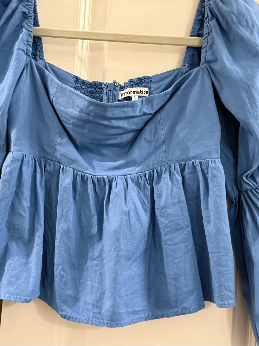 Reformation Jaxley Top Azure Blue Size 2 Puff Sleeve Babydoll Top Organic Cotton